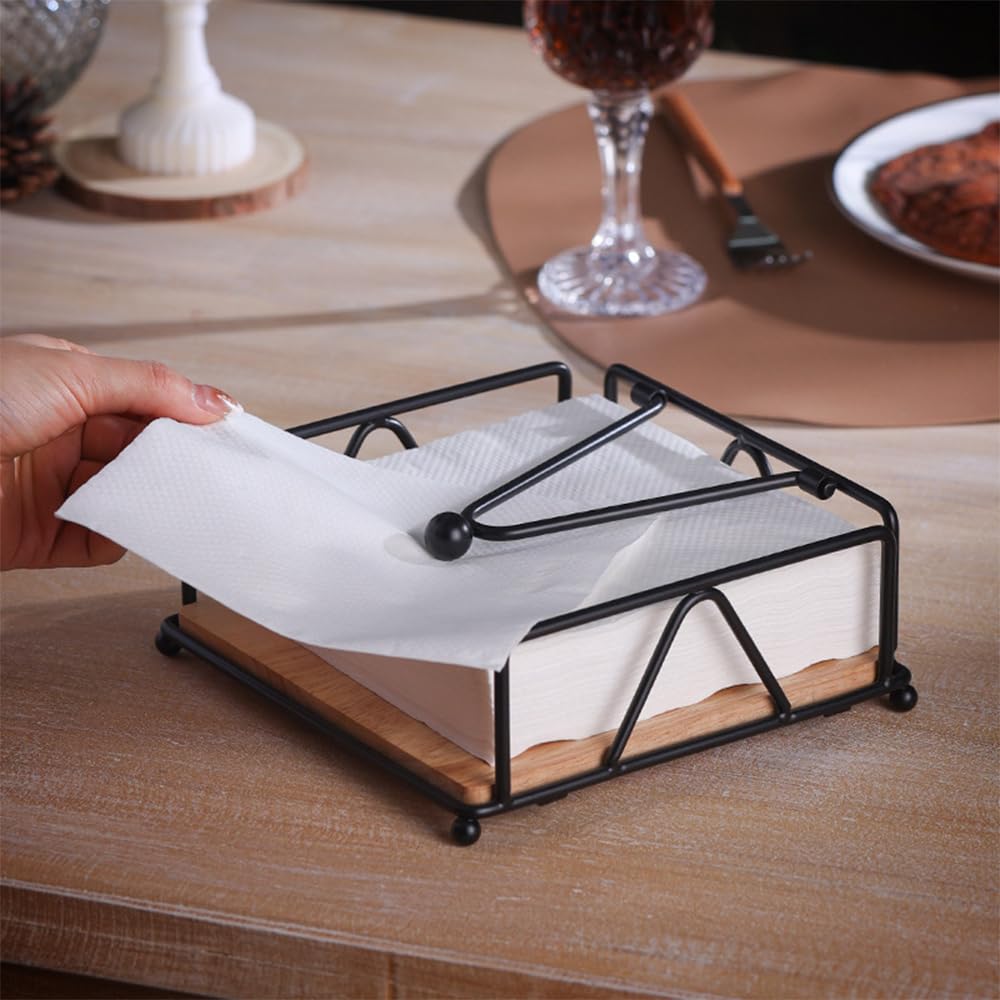 Napkin Holders for Tables, Elegant Flat Cocktail Napkin Holder with Wooden Base, Metal Tabletop Serviette Tray for Kitchen, Countertops, Outdoor Tables (Black)