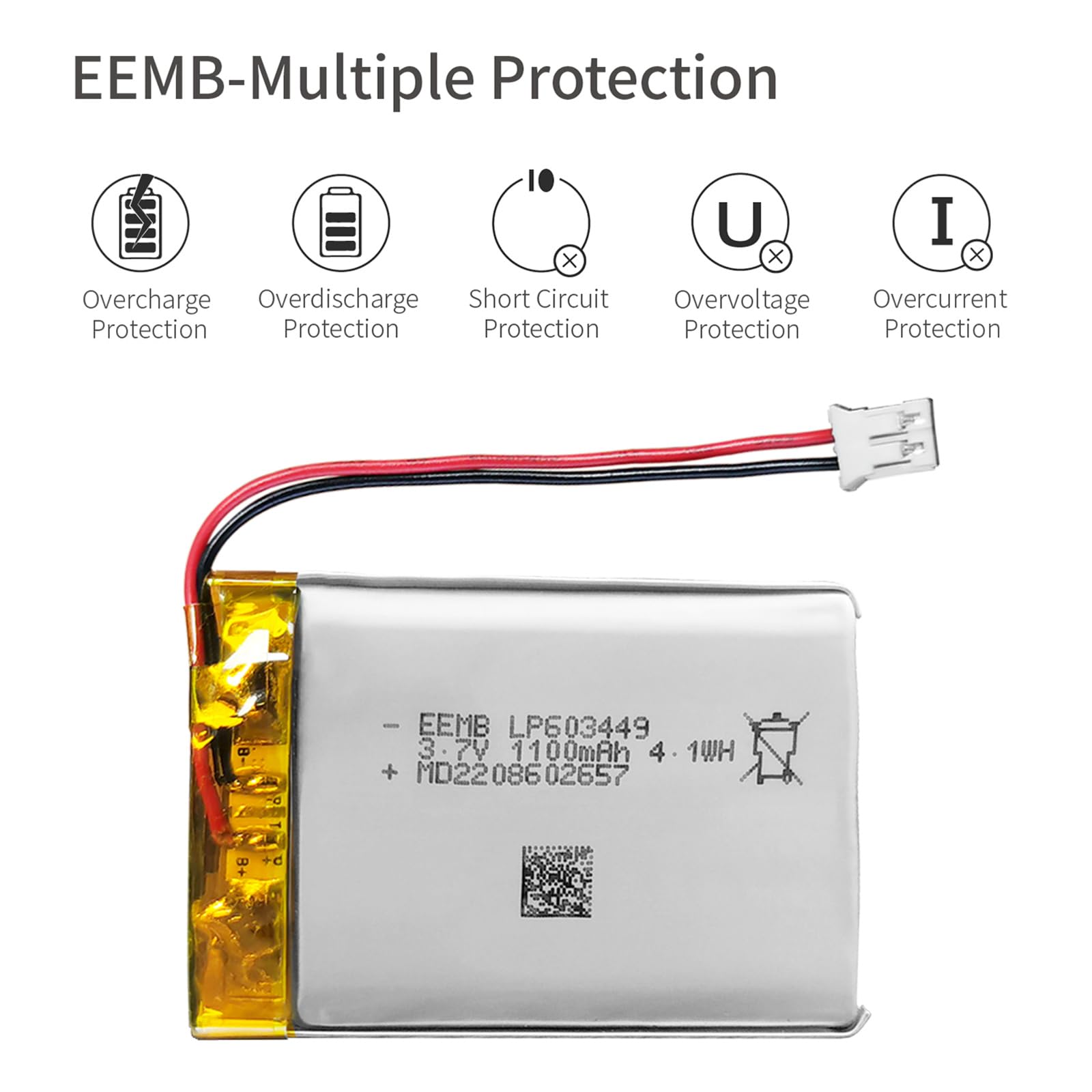 EEMB 3.7V 1100mAh 603449 Rechargeable Lithium Polymer ion Battery Pack with JST Connector.Make Sure Device Polarity Matches with Batteries Before Purchase!!!