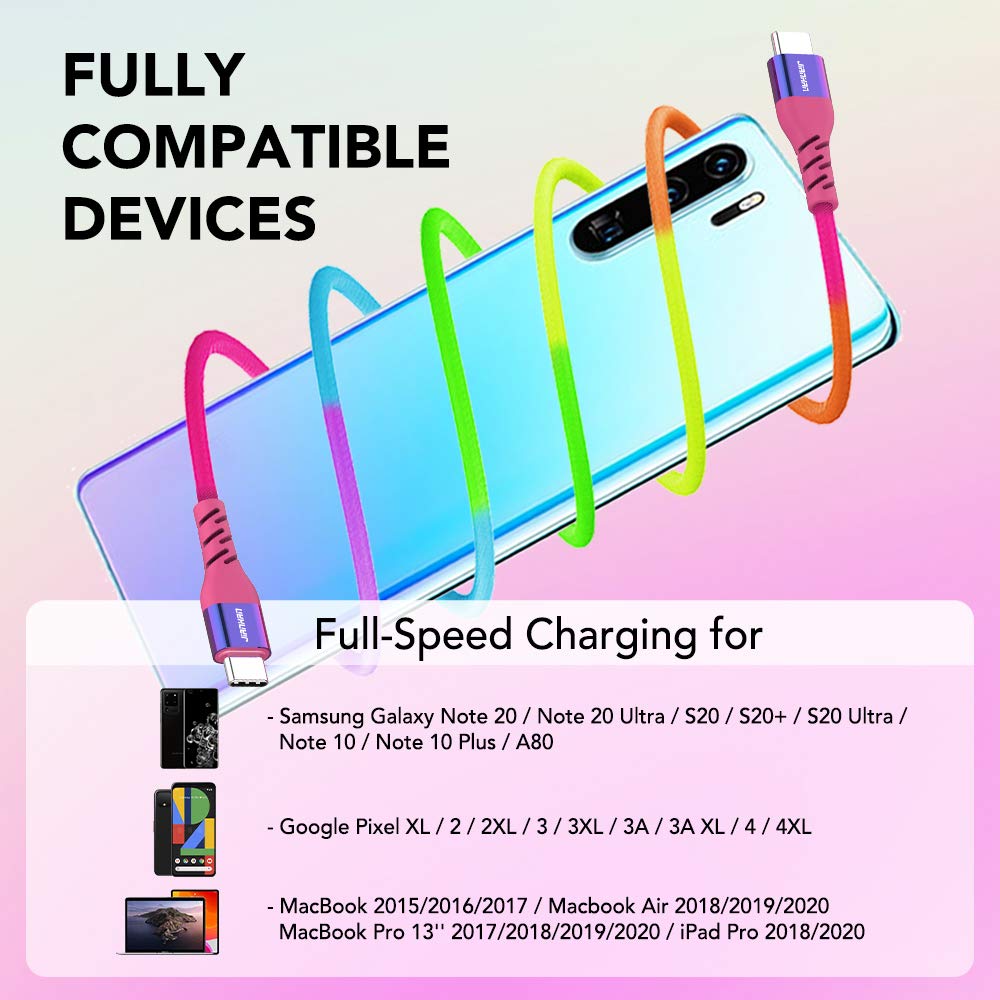 Type C to Type C Cable,JianHan 3-Pack [10ft+6.6ft+3.3ft] 60W Colourful Braided USB C to USB C Cable for iPad Pro,Samsung Galaxy S20 S20+ S20 Ultra Note 20 10 Plus A80,Google Pixel,MacBook Air/Pro