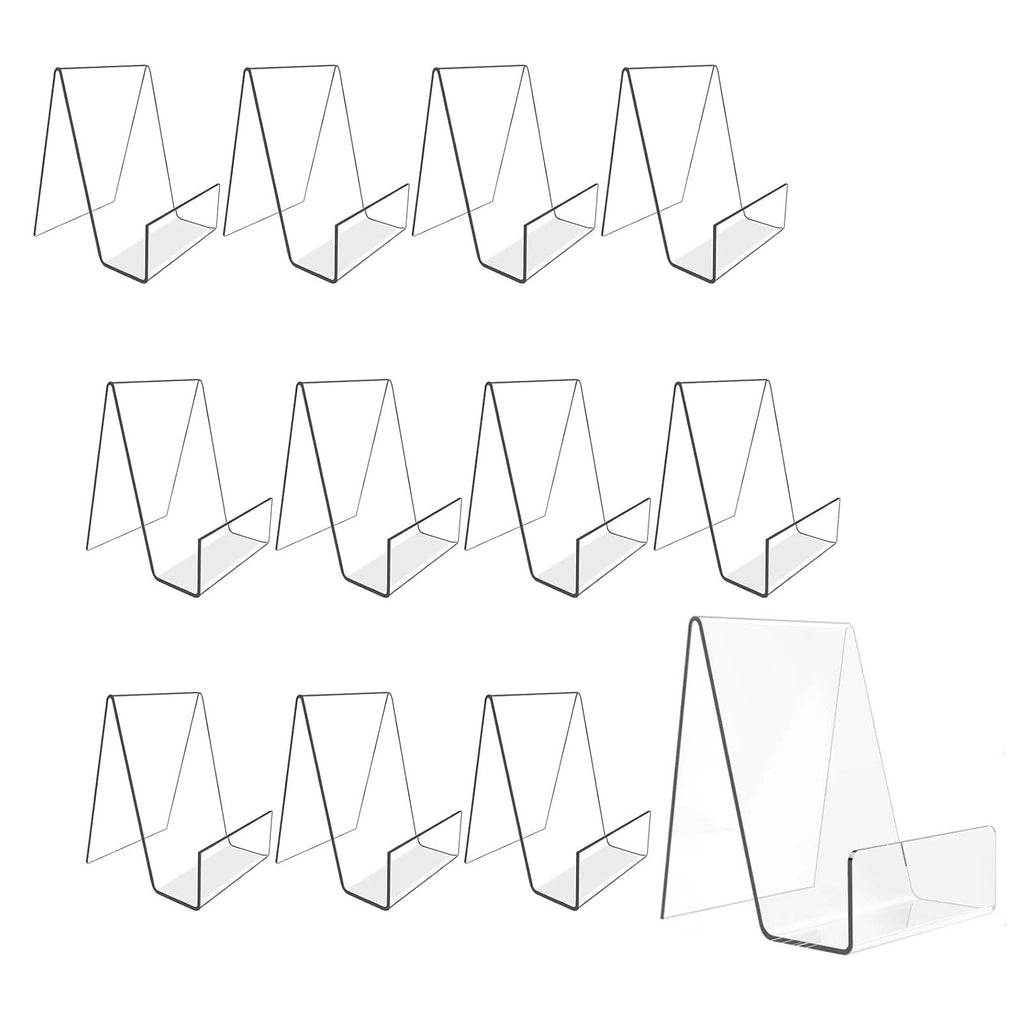 LinamHoz 12pcs Acrylic Book Stands, Clear Acrylic Book Stand with Ledge Clear Acrylic Book Display Easel, for Displaying Picture Albums Books Music Paperbacks on Tabletop, Shelves, Library, Store