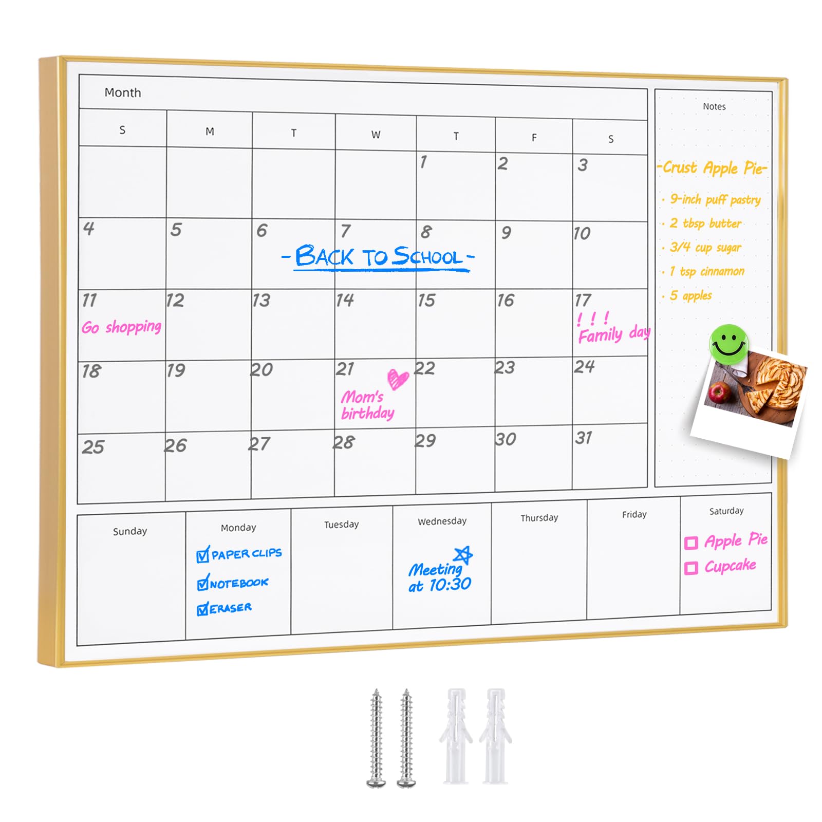 Aitakatta 3-in-1 Dry Erase Calendar for Wall with Gold Aluminum Frame, Magnetic Monthly & Weekly Calendar Whiteboard, Dry Erase Board for Wall, Hanging White Board for Decor/Memo(YL+ZL-Gold,4333)