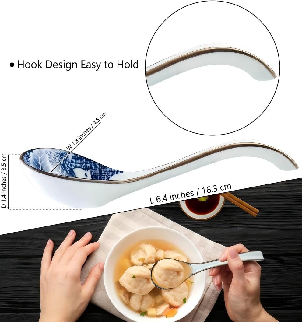 Asian Soup Spoons Set of 4, Ceramic Ramen Soup Spoon with Long Hook Handle, Deep Asian Spoon for Pho, Chinese Wonton, Dumplings, Japanese Miso, Udon, Dishwasher Safe, Blue and White