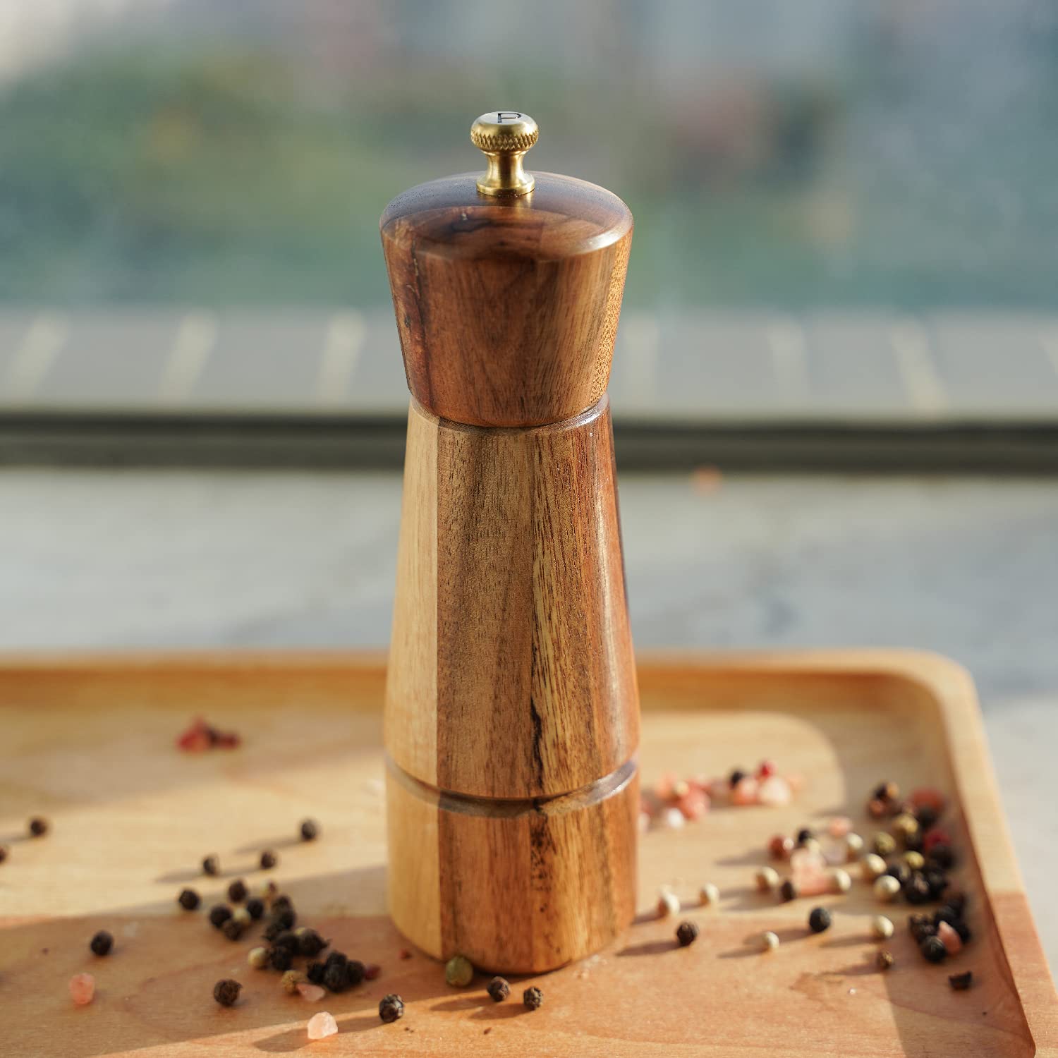 DeroTeno Pepper Grinder, Pepper Mill with Adjustable Stainless Steel, Acacia Wood, 16.5 cm / 6 inch Height, Bottom Dia: 5 cm, Upper Dia: 4.5 cm (Tray is NOT Included)