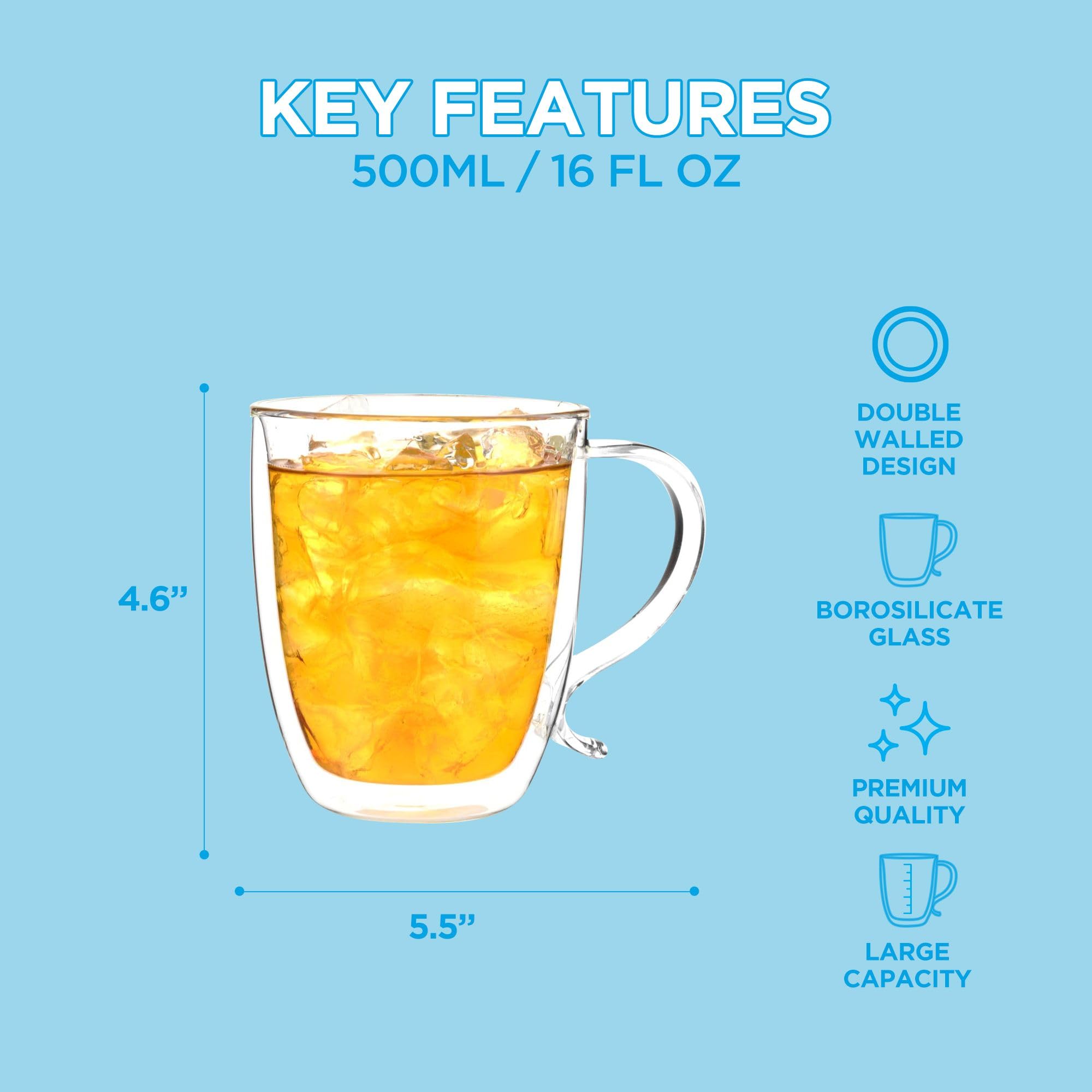 GROSCHE Cyprus 16 fl. oz Double-Wall Glass Mug Set | Espresso, Latte, Tea & More | Hot & Cold Beverages | Stylish & Aesthetic | Dishwasher Safe | Heatproof | Drinking Glassware