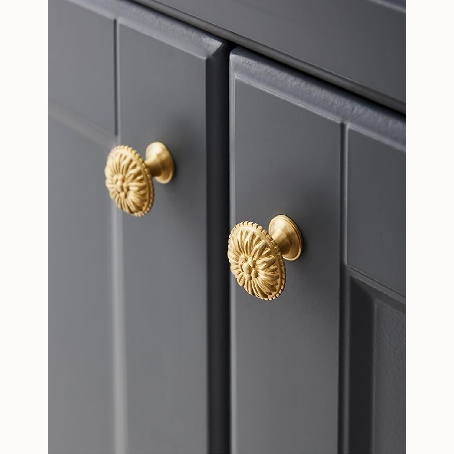 HIZEFSOO 4PCS Gold Brass Drawer Knobs - Solid Copper - Gold Brass Cabinet Knobs – Decorative Knobs - Vintage Antique Flower Round Brushed Gold Solid Brass Drawer Cabinet Dresser Knob Pull Handle
