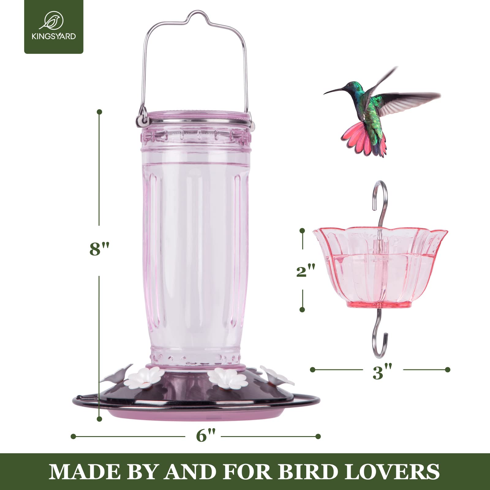 Kingsyard Glass Hummingbird Feeder for Outdoors Wild Bird Feeder with 6 Feeding Ports Hanging for Garden Yard, Pink (Ant Moat Included)