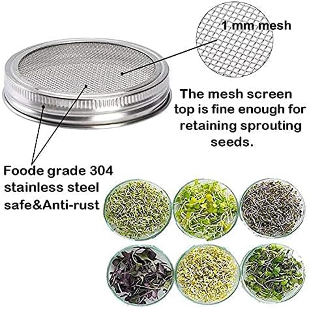 CAVLA 4 Pcs Sprouting Jar Lids with 4 Pcs Sprouting Brackets, Stainless Steel Mason Jar Lids Bean Sprout Making Tool, Germination Filter Lid Sprouting Stands Kit for Seeds Beans Cultivation