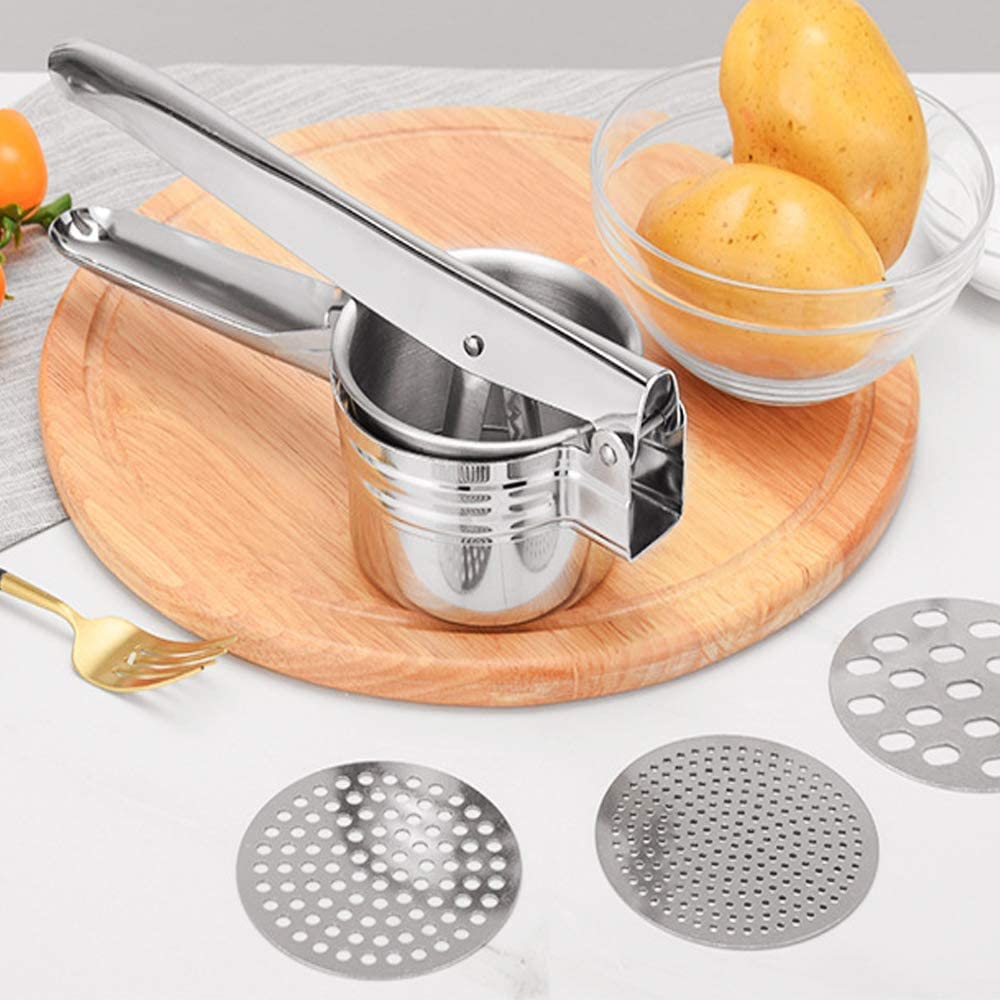 Potato Ricer Stainless Steel Masher, Large Capacity 15oz Potato Masher Kitchen Tool for Smooth Mashed Potatoes, Fruits, Vegetables, Premium Grade Ricer, Juicer, Vegetable Strainer with 3 Ricing Discs