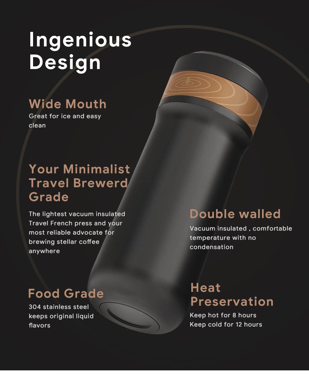 HAILASRE Portable French Press Coffee Maker Travel French Coffee Maker Stainless Steel Coffee Mug 12 oz Double Mesh Filter Great for Camping and Traveling