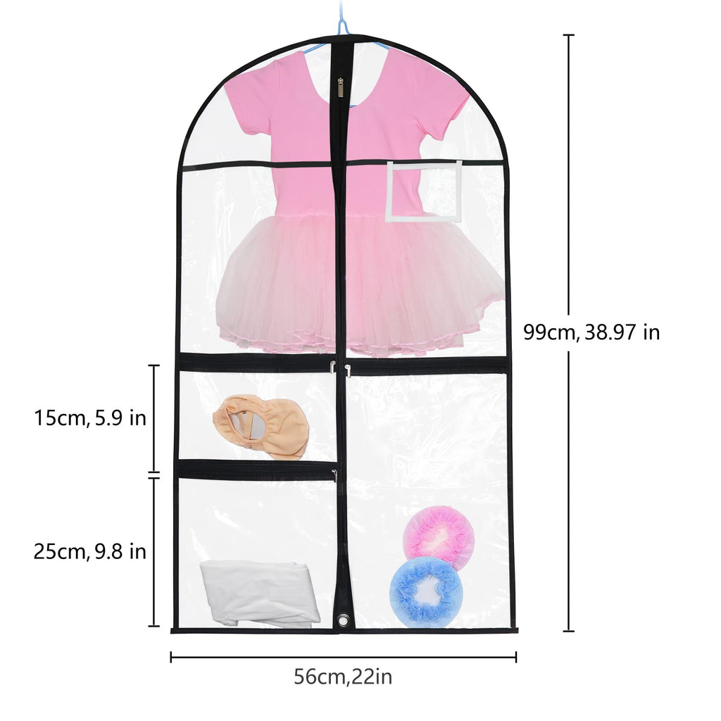 4 PCS Dance Garment Bags for Costumes,Clear Dance Costume Garment Bag,Foldable Waterproof Clothes Cover Protector with 3 Clear Zipper Pockets,Suit,Uniforms,Shirts, Dresses,Storage or Travel
