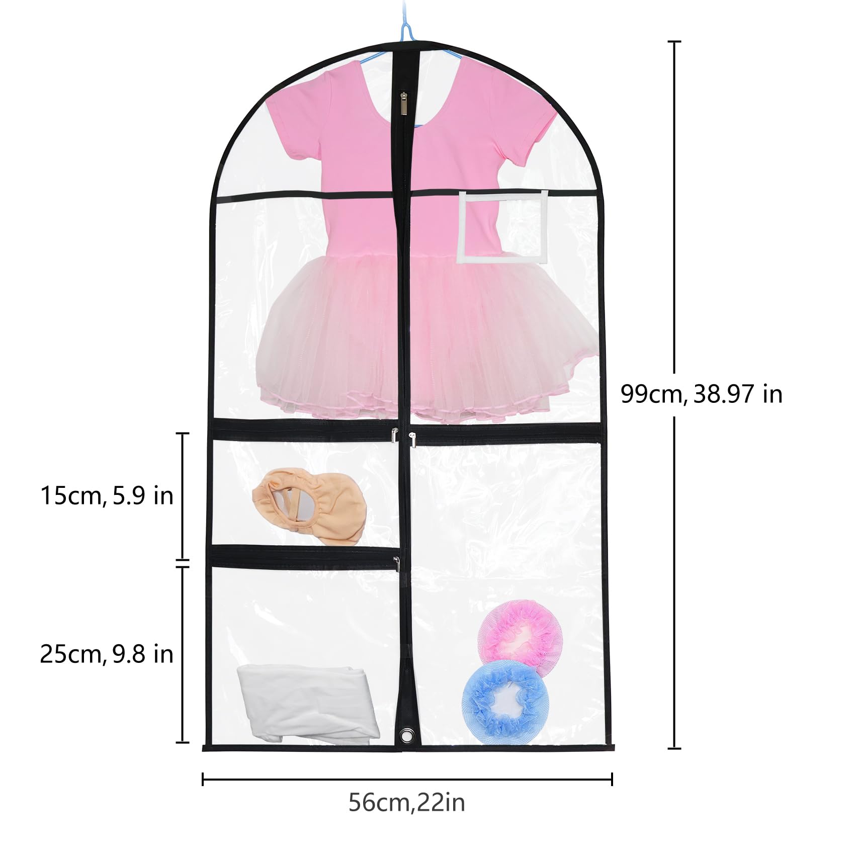 4 PCS Dance Garment Bags for Costumes,Clear Dance Costume Garment Bag,Foldable Waterproof Clothes Cover Protector with 3 Clear Zipper Pockets,Suit,Uniforms,Shirts, Dresses,Storage or Travel