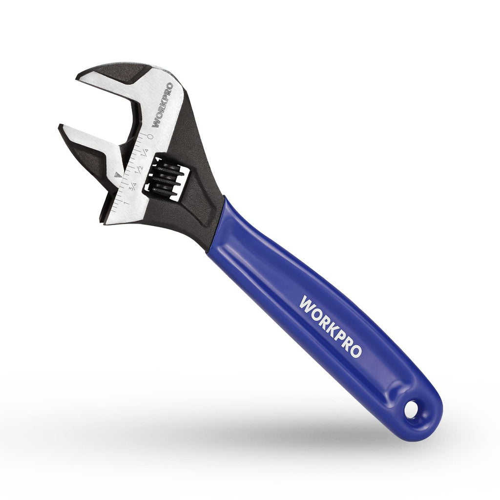 WORKPRO 8-Inch Adjustable Wrench, Cr-V Steel Wrench, Wide Jaw Black Oxide Wrench, Metric & SAE Scales, for Home, Garage, Workshop and DIY - Blue