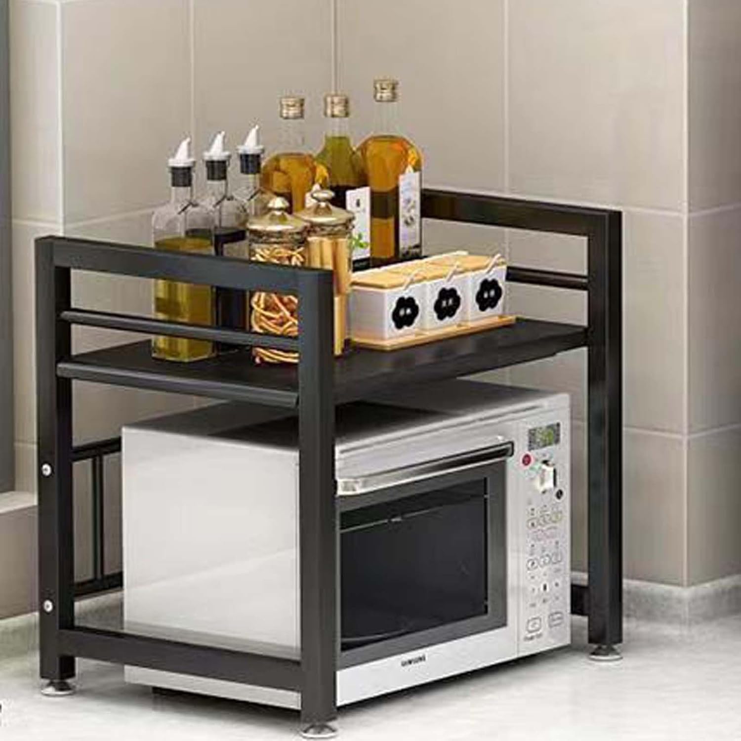 LUCKY KVW Microwave Oven Rack, Adjustable Shelf with 6 Hooks, Extendable Kitchen Microwave Stand with Storage