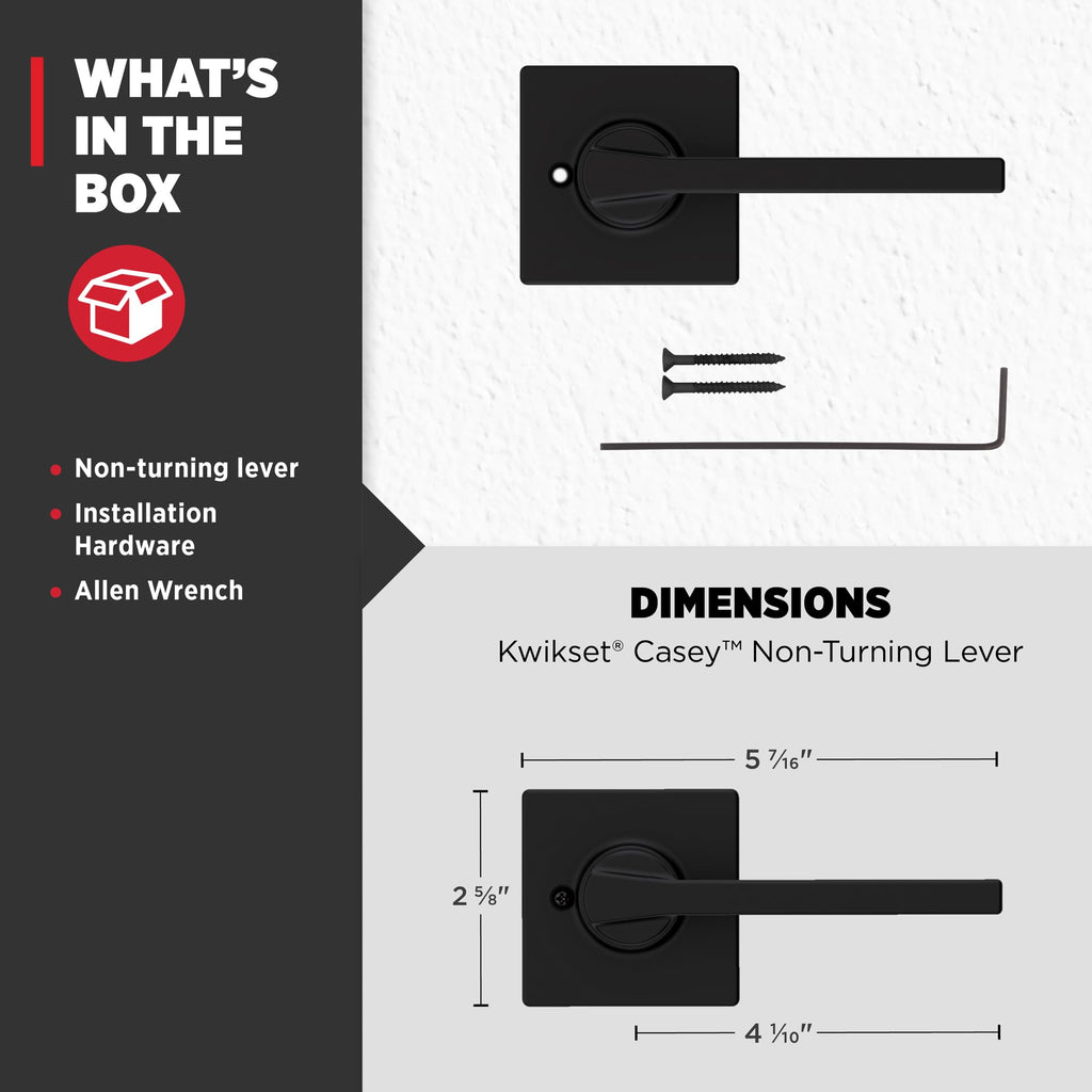 Kwikset Casey Dummy Door Handle, Single Sided Lever for Closets, French Double Doors, and Pantry, Matte Black Non-Turning Reversible Interior Push/Pull Lever, with Microban Protection (1 Count)