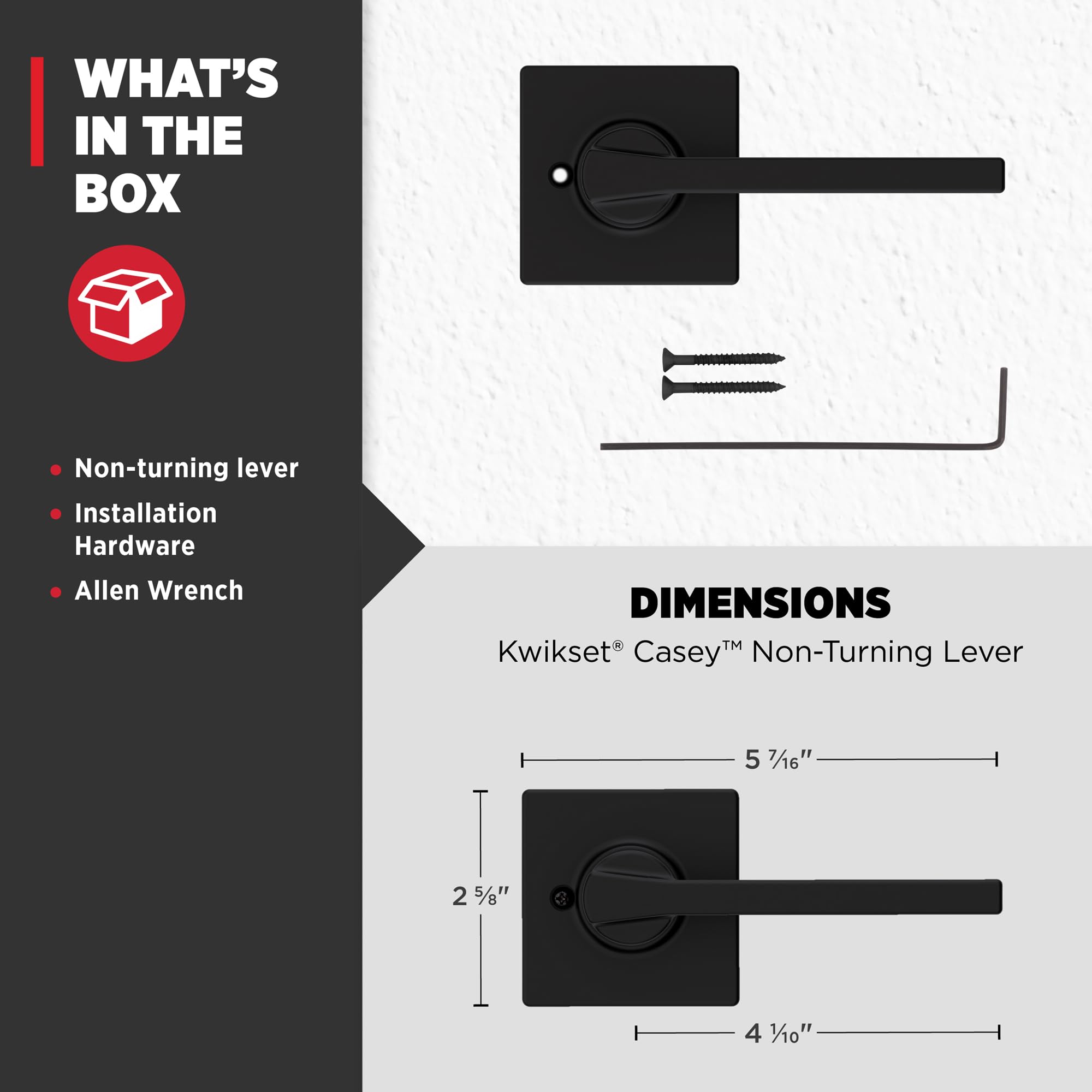 Kwikset Casey Dummy Door Handle, Single Sided Lever for Closets, French Double Doors, and Pantry, Matte Black Non-Turning Reversible Interior Push/Pull Lever, with Microban Protection (1 Count)
