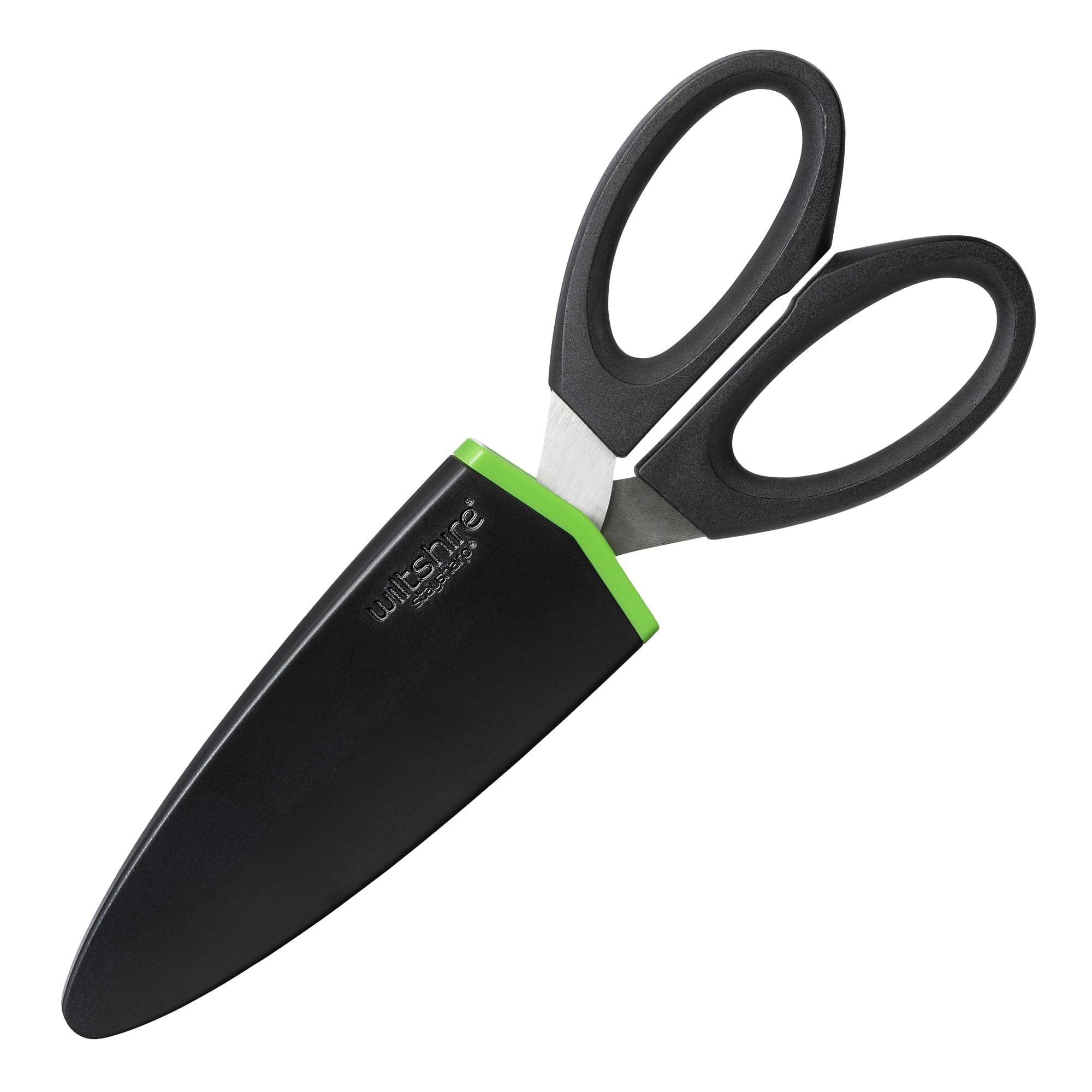 Staysharp Scissors, Kitchen Scissors with Built-in Sharpener, Keep Your Scissors Sharp at All Times, Slim Design Scabbard, Pull-Apart, Soft Touch Handles for Easy Cleaning, Black, 10-Year Guarantee