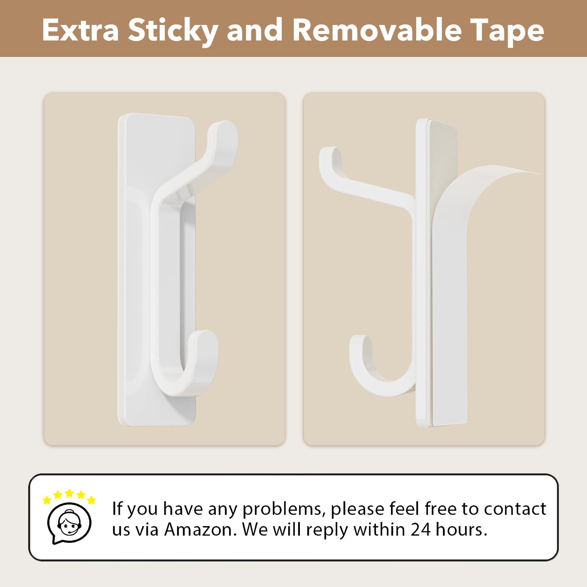 Self Adhesive Hooks, Heavy Duty Stainless Steel, Extra Sticky 6KG (MAX), Stick On Wall and Door Hooks for Hanging, Bathroom Towel and Coat Hooks, White, 4 Pack