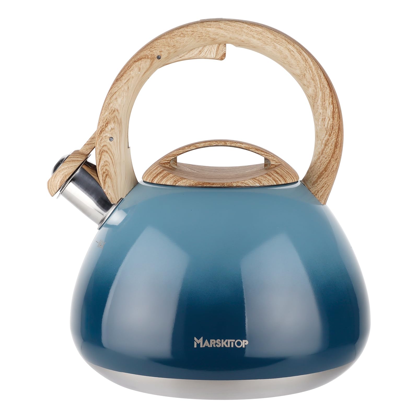 Whistling Tea Kettle for Stove Top Stainless Steel Tea Kettle Small Tea Pots 2.6 Quart with Wood Pattern Anti-Hot Handle (Blue)