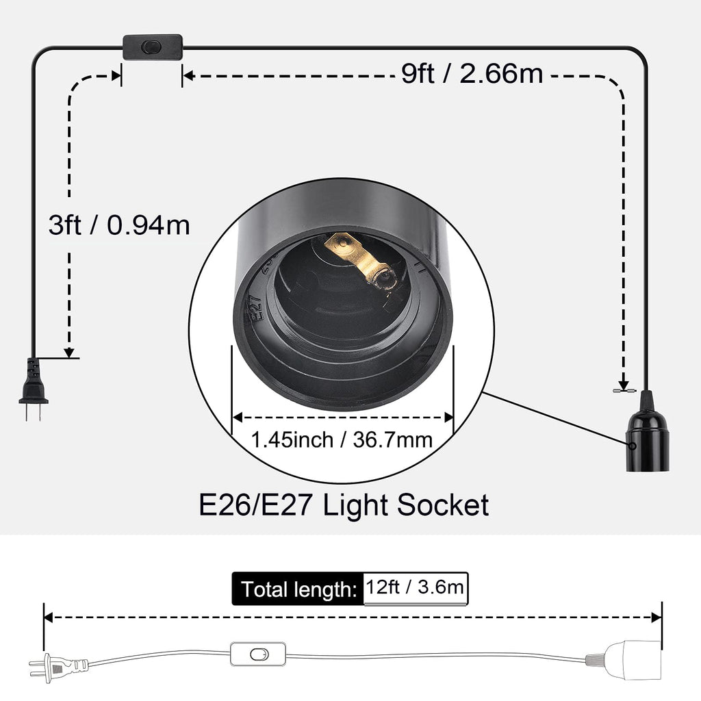 2 Pack Hanging Extention Light Cord (E26/E27 Light Socket with Cord) with On/Off Switch Button, Pendant Lamp Cord for Kitchen, Bedroom, Plant Growth Light