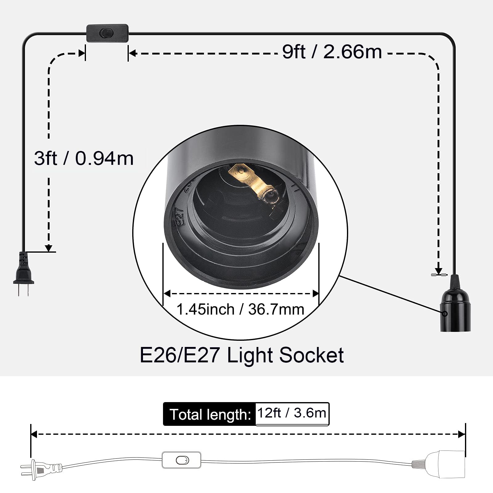 2 Pack Hanging Extention Light Cord (E26/E27 Light Socket with Cord) with On/Off Switch Button, Pendant Lamp Cord for Kitchen, Bedroom, Plant Growth Light