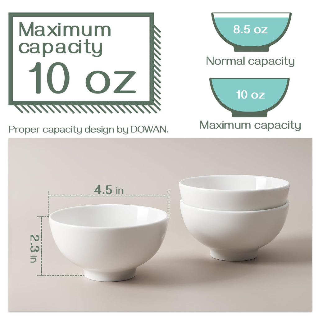DOWAN 10 Ounce Small Bowl, Porcelain Dip Bowls, Portion Control, Sturdy & Stackable, Microwave & Dishwasher Safe, Bowls for Side Dishes, Ice Cream, Dessert, Rice, 4.5 Inches, Set of 8, White