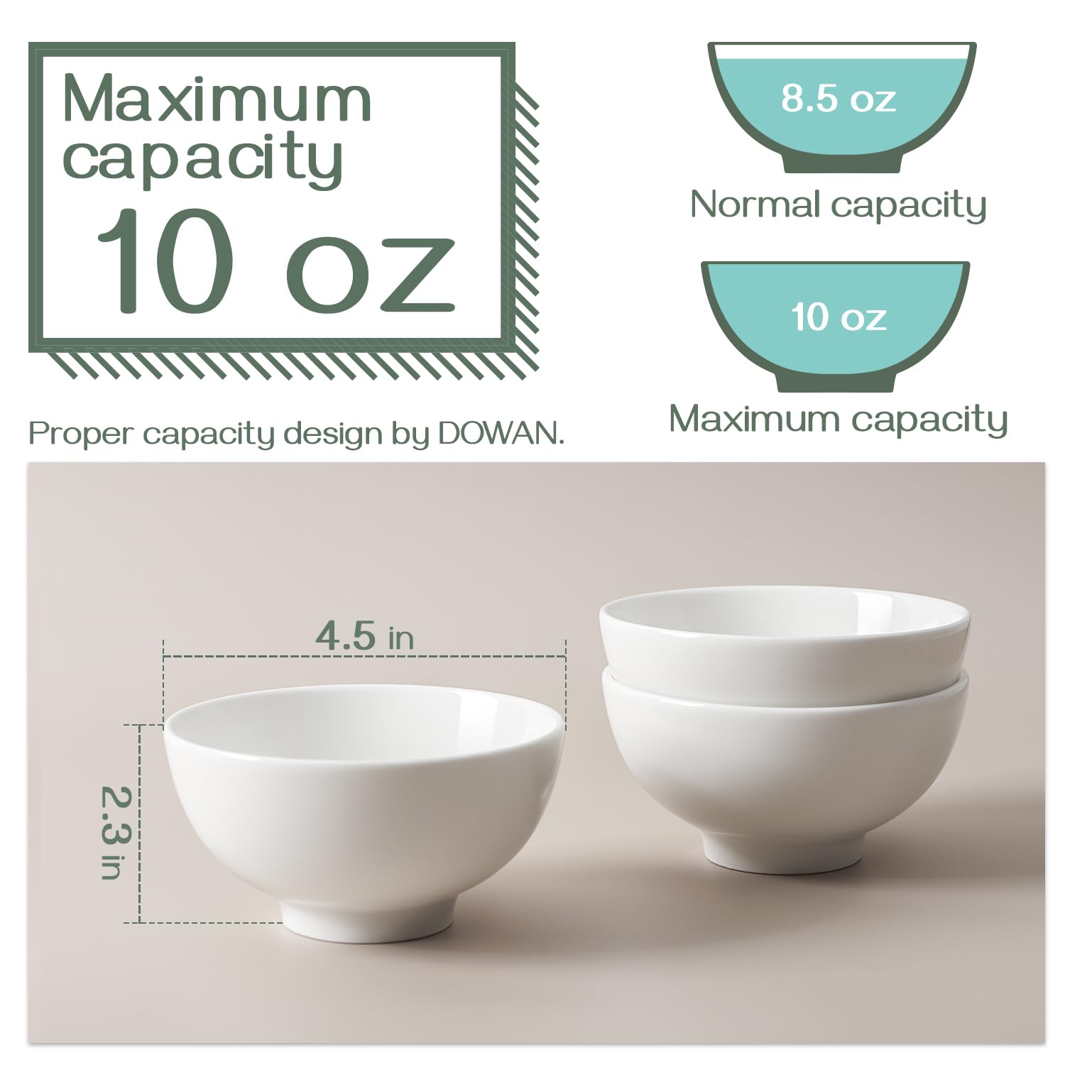 DOWAN 10 Ounce Small Bowl, Porcelain Dip Bowls, Portion Control, Sturdy & Stackable, Microwave & Dishwasher Safe, Bowls for Side Dishes, Ice Cream, Dessert, Rice, 4.5 Inches, Set of 8, White