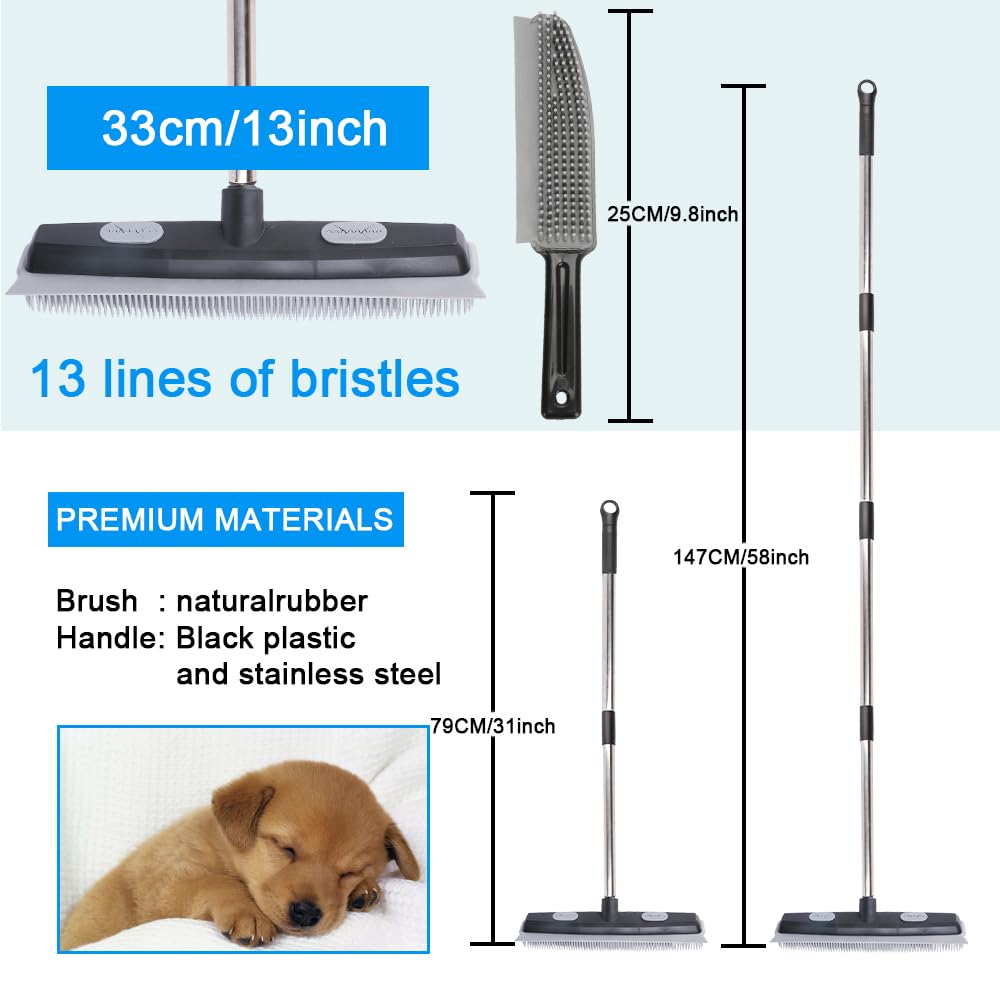 Pet Hair Rubber Broom with Carpet Rake and Squeegee, 2 in 1 Floor Brush for Carpet, 62 inch Adjustable Handle,Black (1)