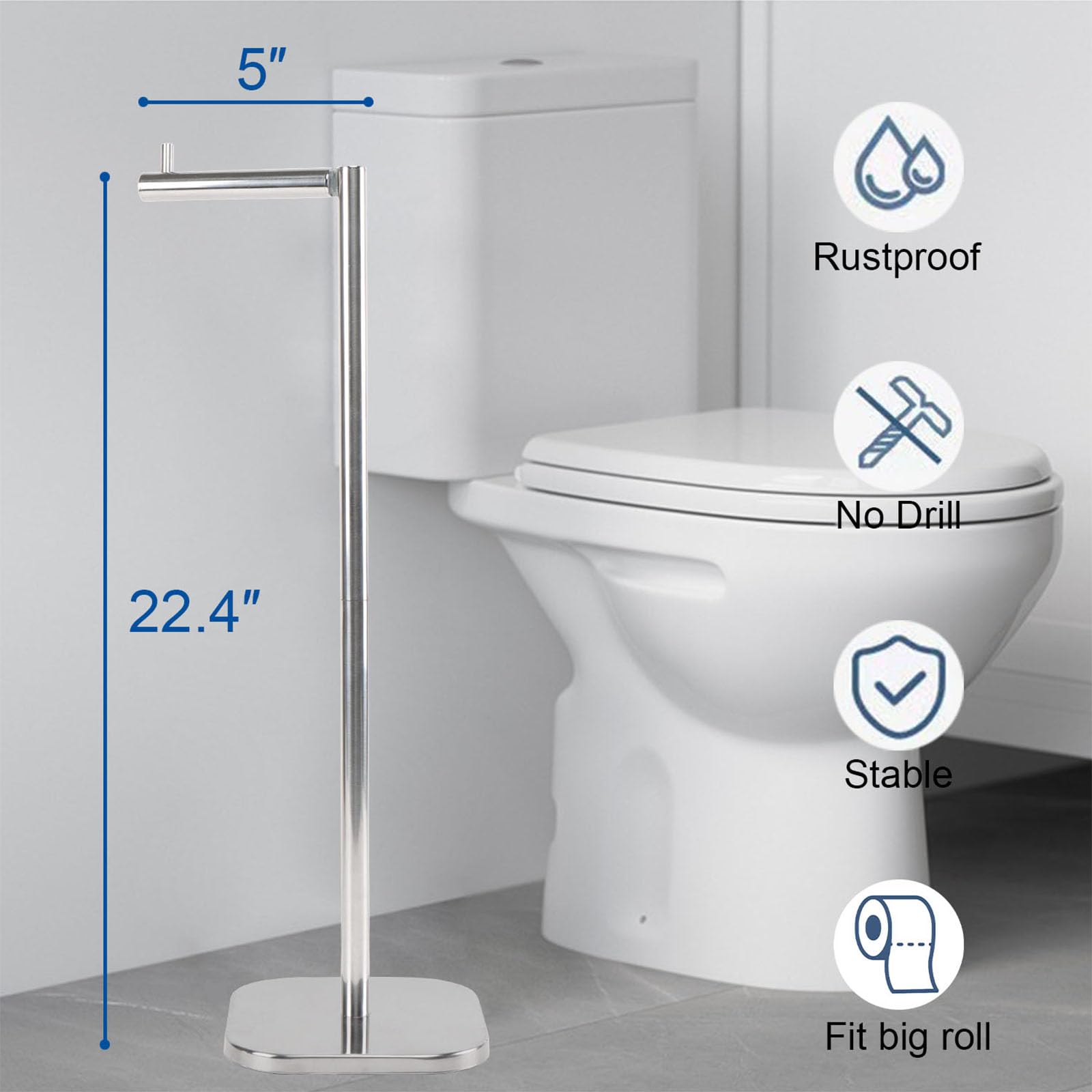 TocTen Toilet Paper Holder Stand, Free Standing Toilet Paper Holder with Reserve, Stainless Steel Weighted Base Toilet Tissue Paper Roll Storage Holder for 5 Rolls of Toilet Tissue(Brushed Nickel)