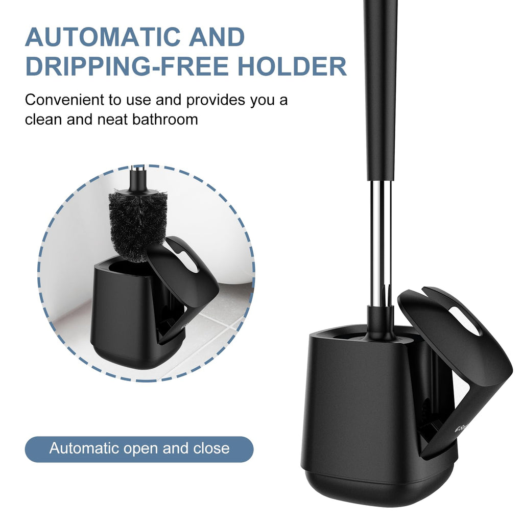 SetSail Toilet Brush and Holder 2 Pack, Self Closing Lid Toilet Bowl Brushes Holder and Extra Long Handle Ventilated Toilet Brush Set for Bathroom Cleaning, Nylon Bristles, Black