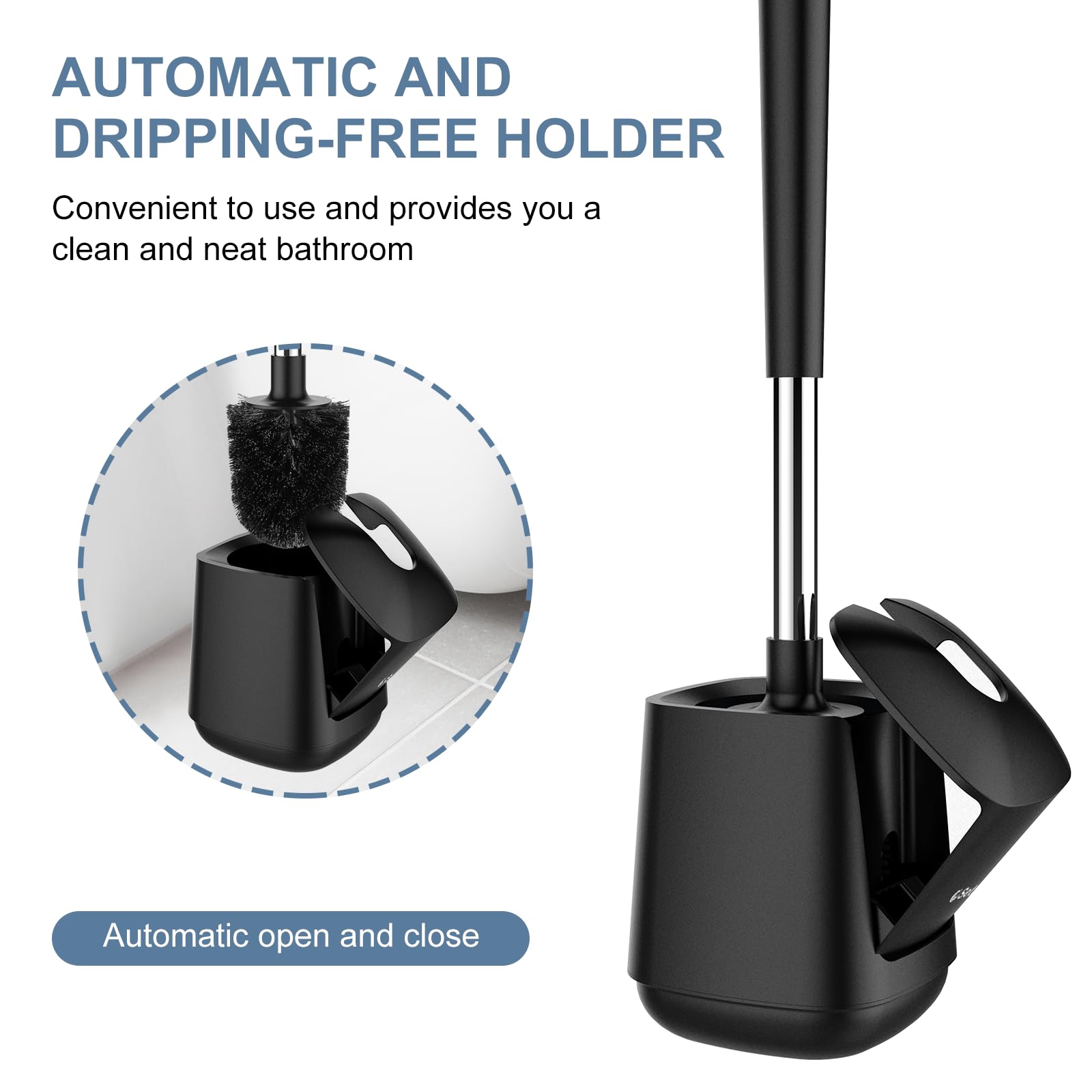 SetSail Toilet Brush and Holder 2 Pack, Self Closing Lid Toilet Bowl Brushes Holder and Extra Long Handle Ventilated Toilet Brush Set for Bathroom Cleaning, Nylon Bristles, Black