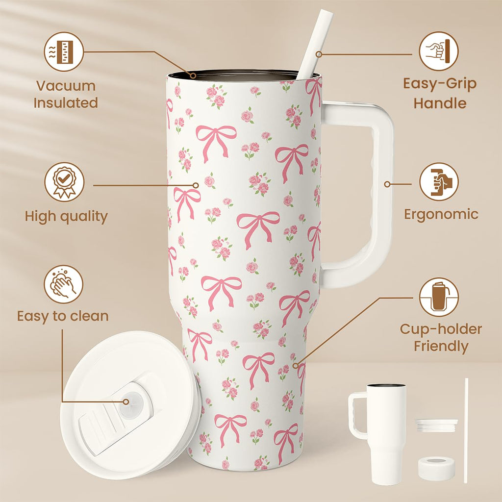 Bow Tumbler with Handle 40oz, Stainless Steel Insulated Tumblers Coffee Travel Cup with Slider Straw Lid, Gifts for Women Teen Girls Birthday