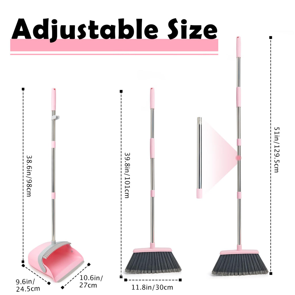 XXFLOWER Broom and Dustpan Set with Split Bristles,Upright Standing Dust Pan with Comb Teeth for Floor Cleaning,Broom with Dustpan Combo with Long Handle for Home Kitchen Lobby Office(Gray Pink)