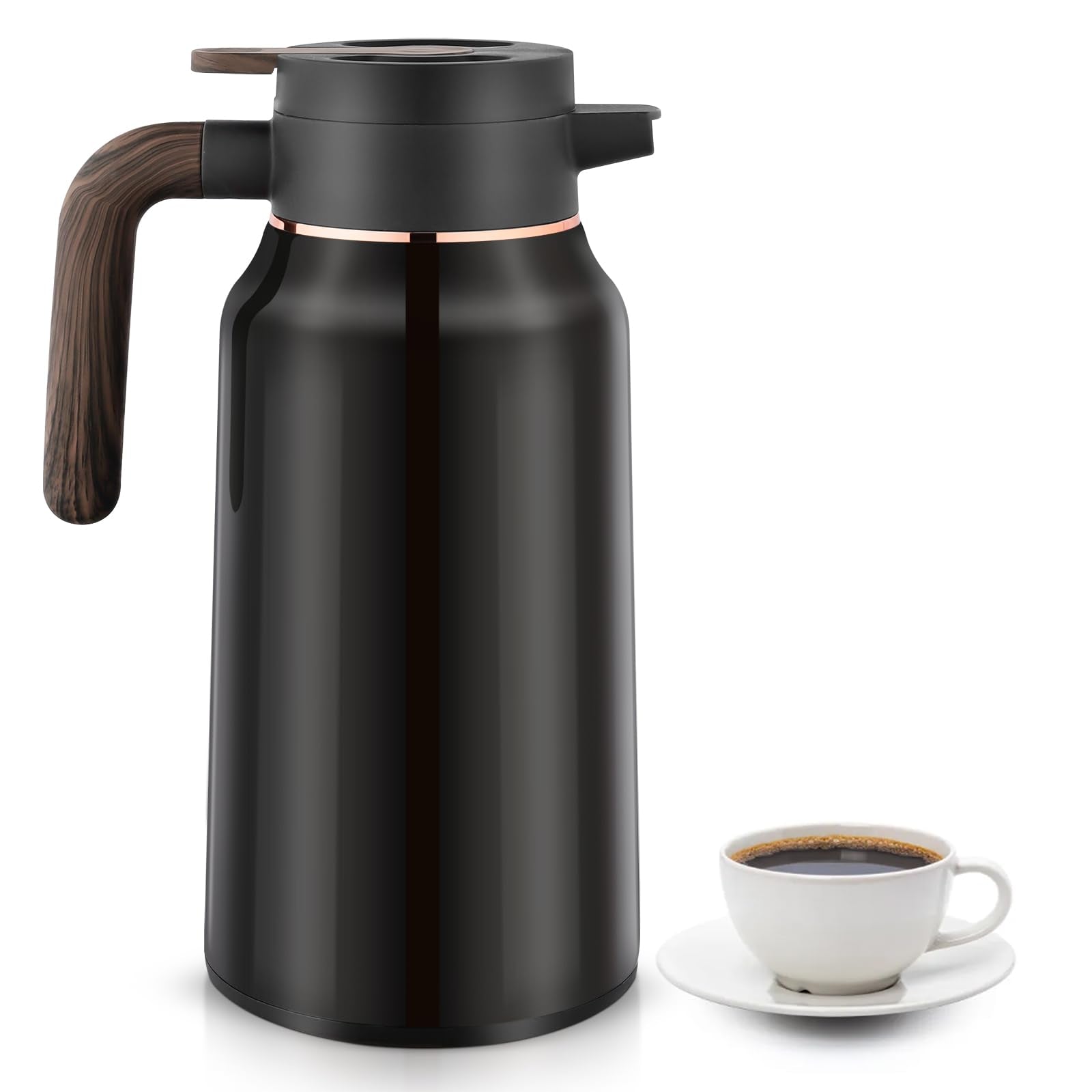 70oz Vacuum Insulated Coffee Carafe - 2L Stainless Steel Thermal Insulated Jug with Ergonomic Handle for Coffee, Tea & Water, Drip-Free Double Wall Design Keeps Beverages Hot/Cold (Black)