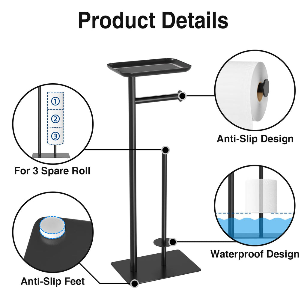 Toilet Paper Holder Stand with Top Storage Shelf, Matte Black Toilet Paper Roll Holder Free Standing, Floor Standing Toilet Roll Dispenser Storages 4 Reserve Rolls CAA75B5568