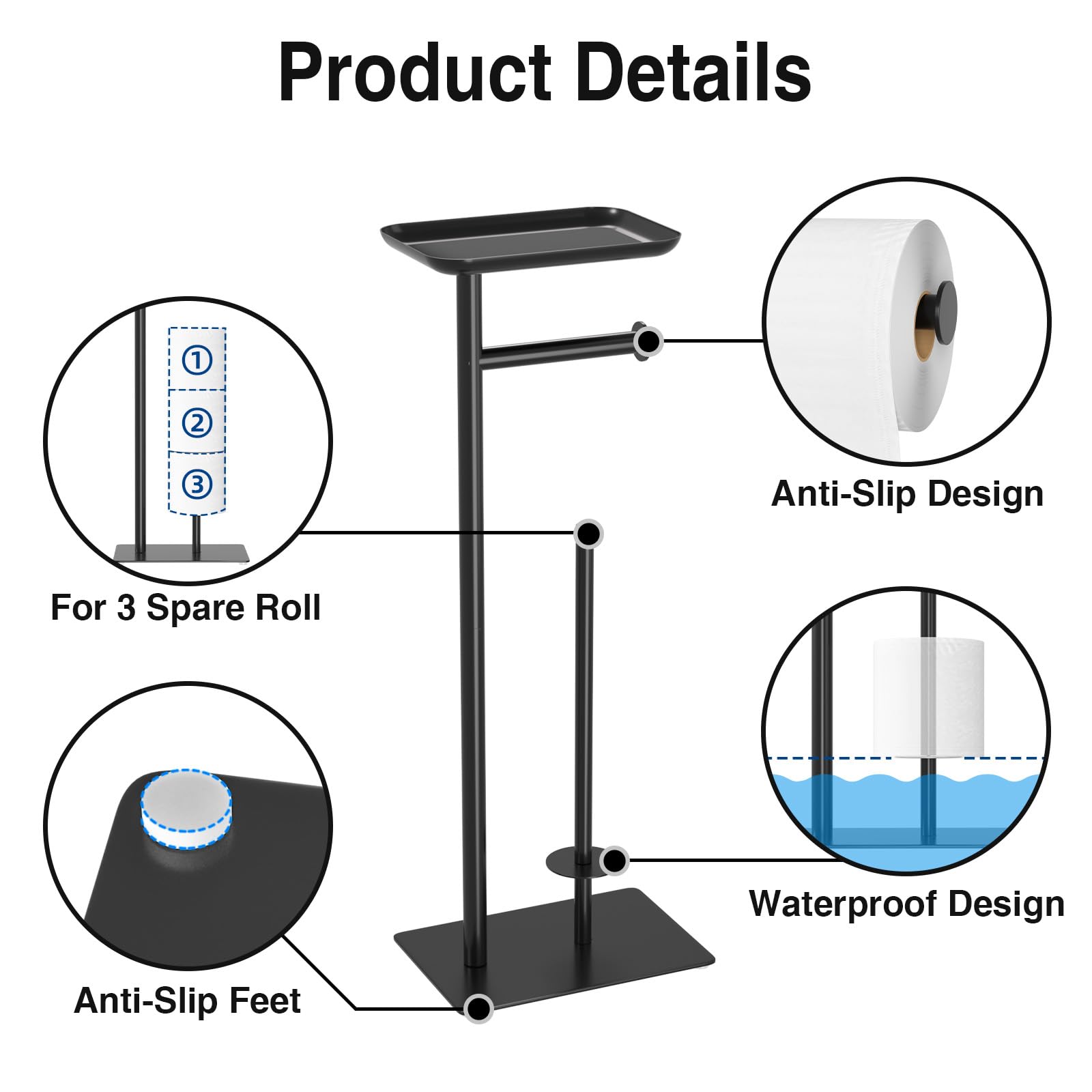 Toilet Paper Holder Stand with Top Storage Shelf, Matte Black Toilet Paper Roll Holder Free Standing, Floor Standing Toilet Roll Dispenser Storages 4 Reserve Rolls CAA75B5568