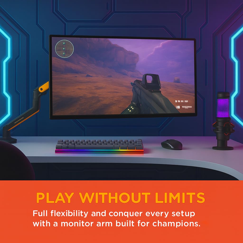 ArcadeX Single Monitor Mount, 13 to 32 Inch Gas Monitor Arm, Adjustable Stand, Vesa Mount with Clamp and Grommet Base - Fits 4.4 to 22lbs LED Computer Monitors (Black with Orange)