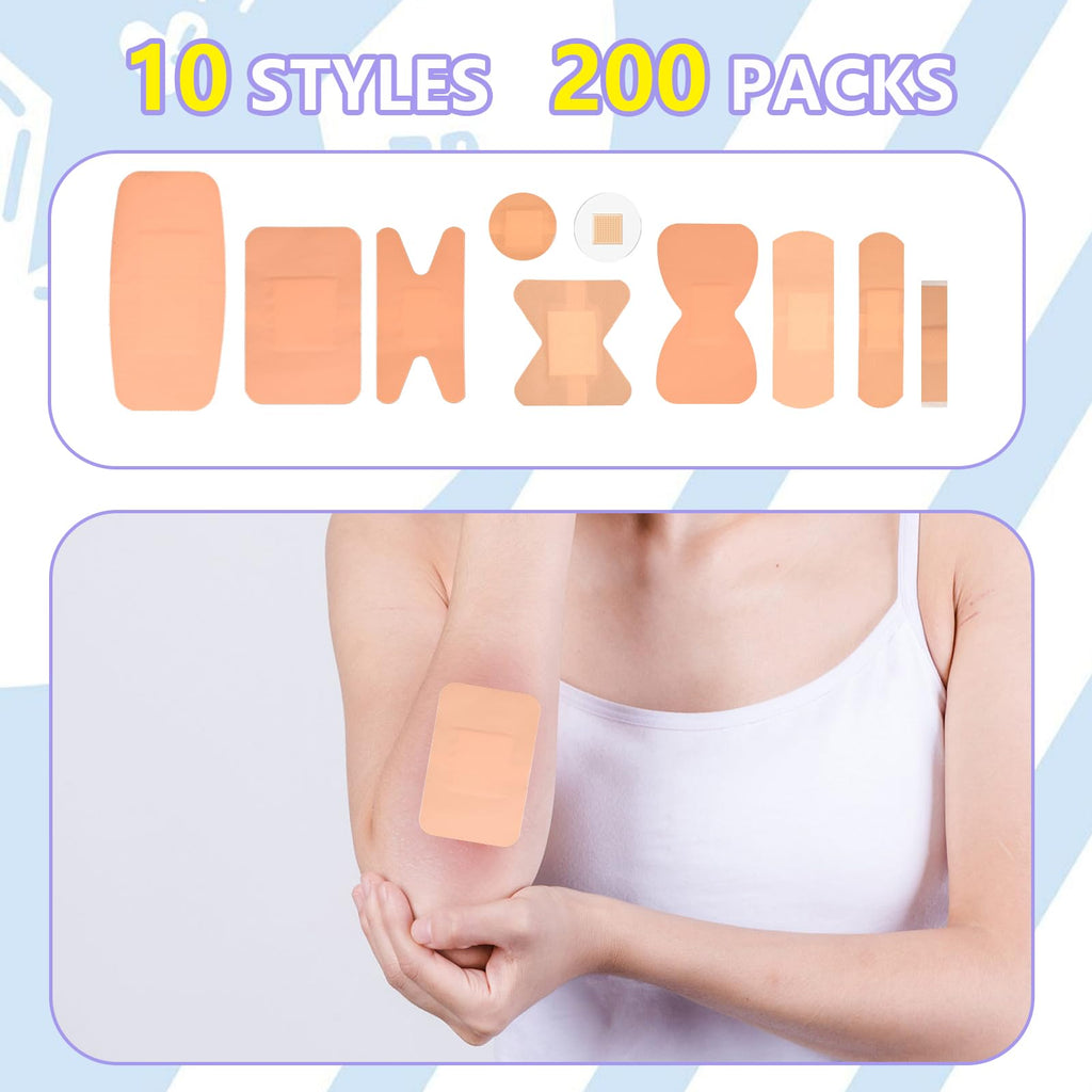 Assorted Bandages Variety Pack 200 Pieces，Fabric Adhesive Bandages Flexible Breathable Bandages for First Aid Supplies，Including Fabric Bandages, Waterproof Bandages,Spot Bandage and Large Bandages