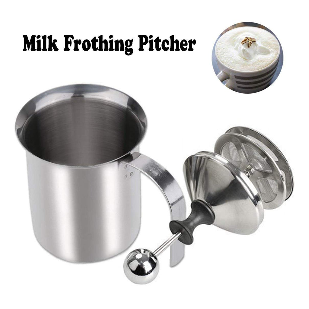 Manual Milk Frother, Stainless Steel Hand Pump Milk Foamer, Handheld Milk Frothing Pitchers,Manual Operated Milk Foam Maker for Cappuccions and Coffee Latte 14-Ounce/400ml