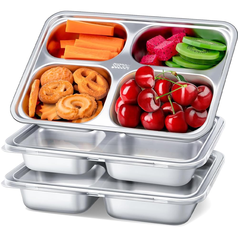 3 Pack Stainless Steel Snack Containers with Lids,4 Compartments Stainless Steel Lunch Box,Reusable Meal Prep Lunch Containers for Kids Adults, Divided Food Storage Containers for School Home Travel