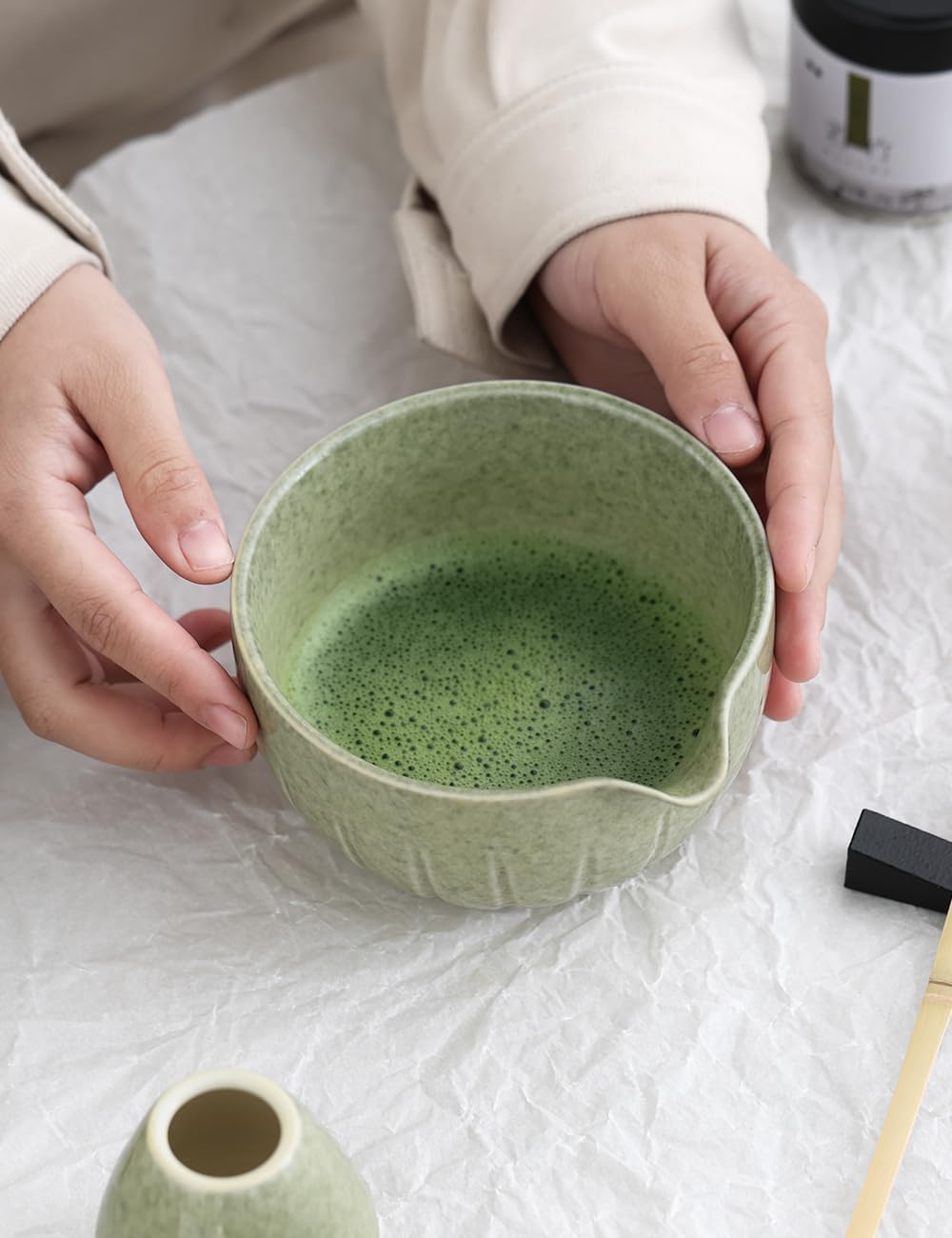 TANG PIN Matcha Set - Match Bowl and Whisk, 15 OZ, Matcha Scoop | Matcha Whisk Stand (Chasen Holder) - 4pc Perfect Matcha Kit for Matcha Tea Ceremony