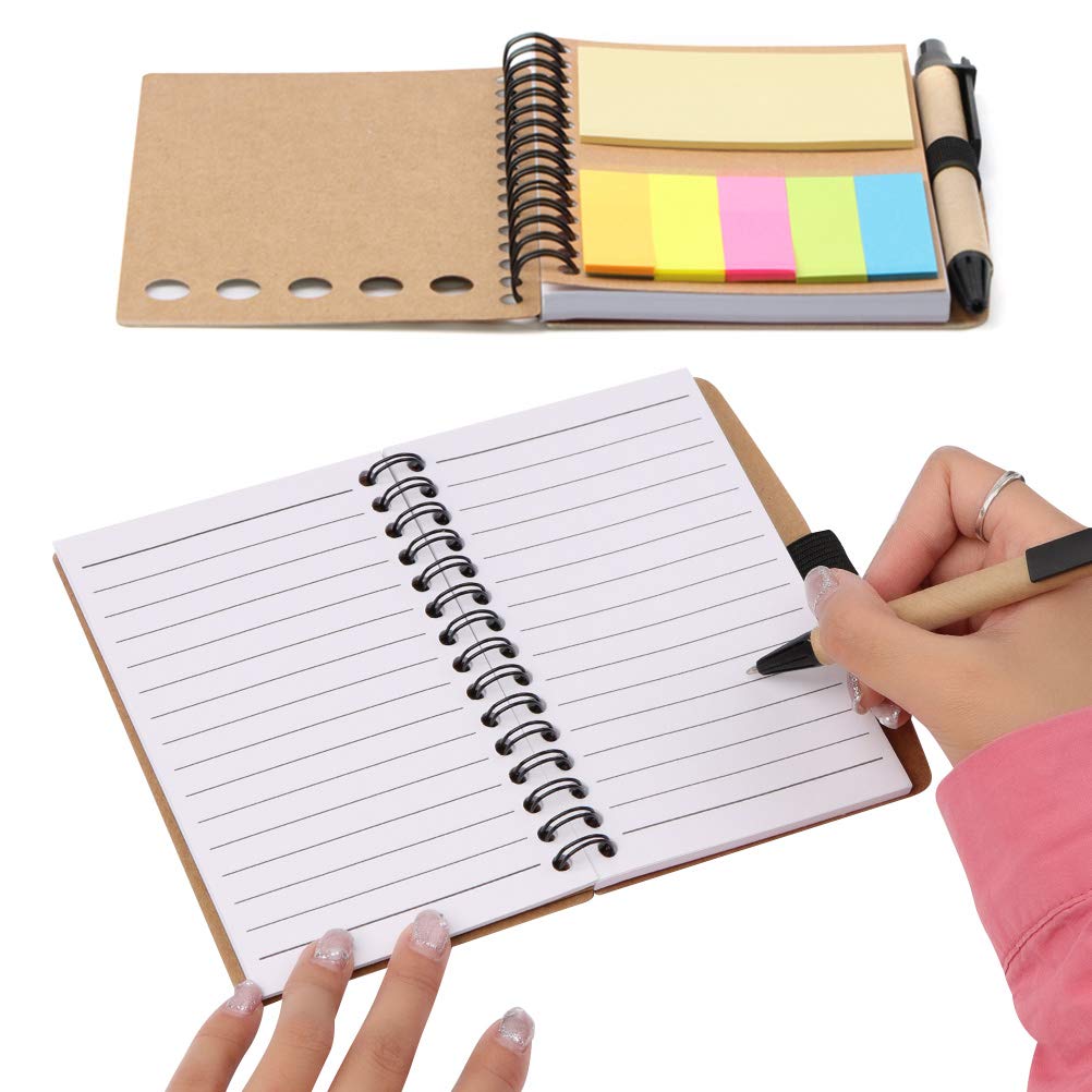 6PCS Lined Spiral Notebook Kraft Paper Cover Notepad with Pen in Holder, Memo Notebook with Sticky Notes Colored Index Tabs Notebook Pen Tab for Adult, Kids, Home, Office, School