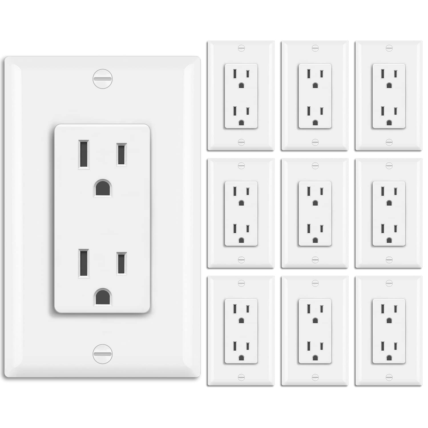 BESTTEN 10 Pack -15 Amp Decor Receptacle Outlet for Residential and Commerical Use, 15A/125V/1875W, Standard Electrical Wall Outlet, Decorator Wallplate Included, cUL Listed, White
