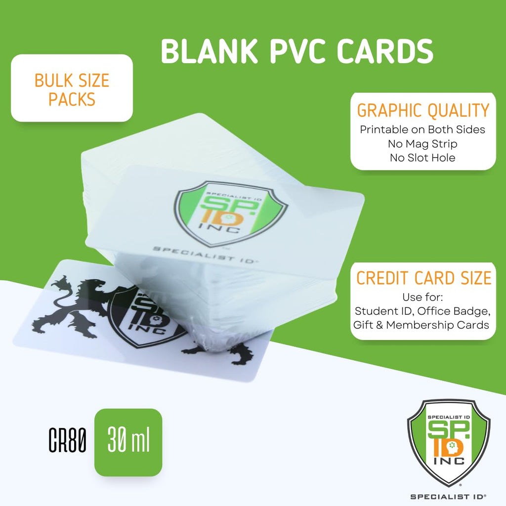 100 Pack - Premium Blank PVC Cards for ID Badge Printers - Graphic Quality White Plastic CR80 30 Mil (CR8030) By Specialist ID - Compatible with Most Photo ID Badge Printers (White)