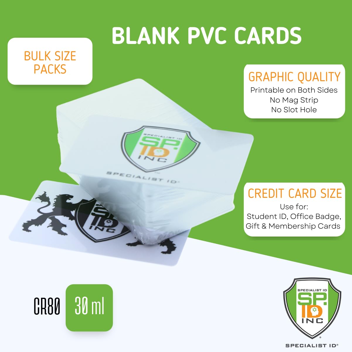 100 Pack - Premium Blank PVC Cards for ID Badge Printers - Graphic Quality White Plastic CR80 30 Mil (CR8030) By Specialist ID - Compatible with Most Photo ID Badge Printers (White)