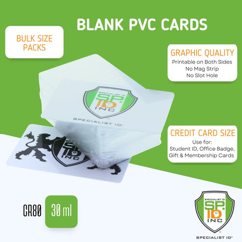 100 Pack - Premium Blank PVC Cards for ID Badge Printers - Graphic Quality White Plastic CR80 30 Mil (CR8030) By Specialist ID - Compatible with Most Photo ID Badge Printers (White)