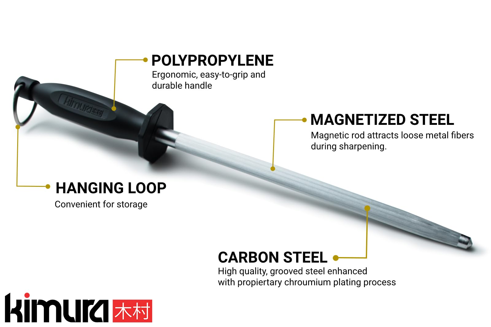Kimura Professional Honing Steel, 12 inch Honing Rod, Carbon Steel Knife Sharpener, Magnetized Steel, Ergonomic & Balanced Polypropylene Handle, Ideal for All Chef Knives, Japanese Gift Box