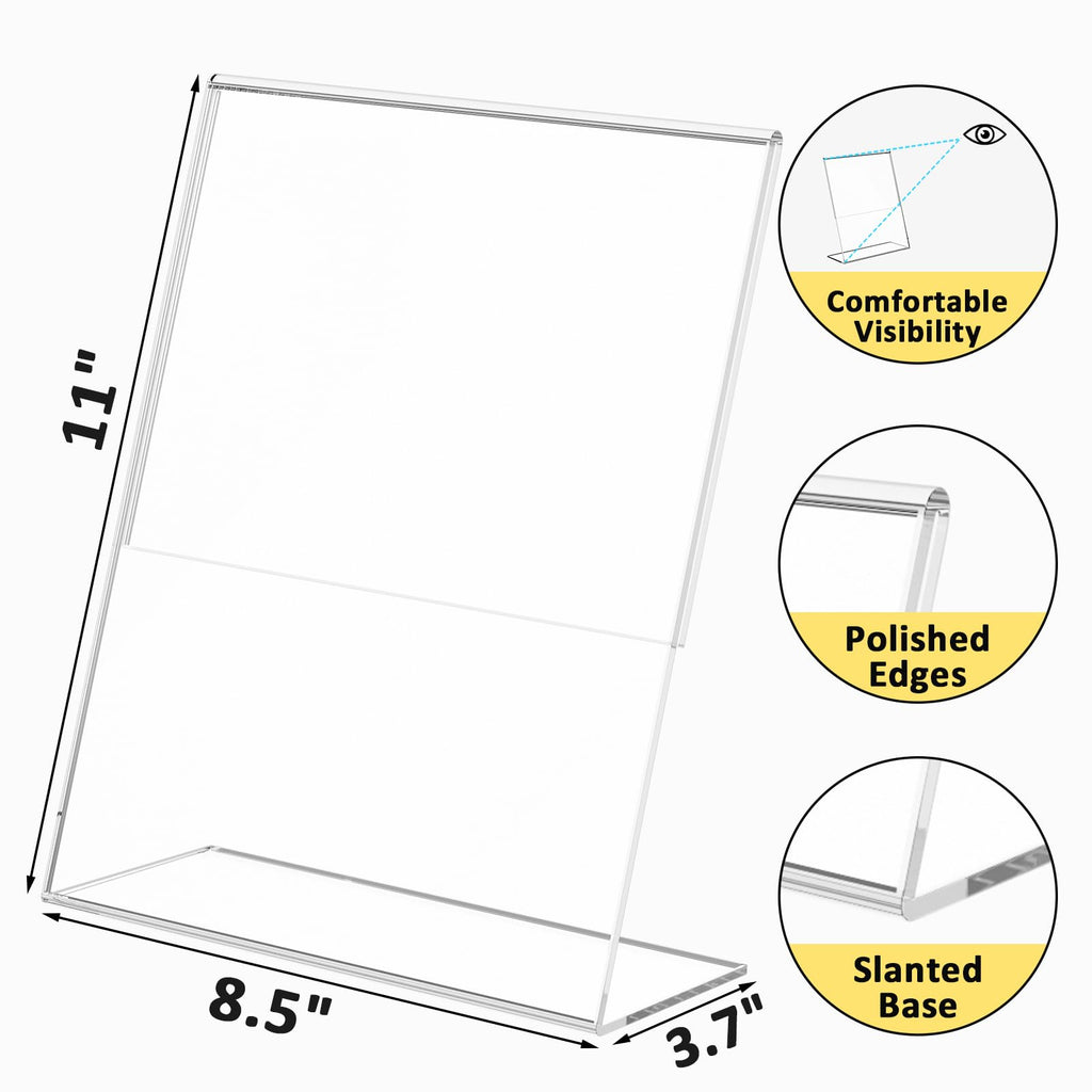 4 Pack Acrylic Sign Holder 8.5x11, Clear Plastic Slanted Back Sign Holders, Desktop Papers Menus Frame Flyer Document Holder Display Stand for Coffee Shops, Hotels, Offices, Public Spaces
