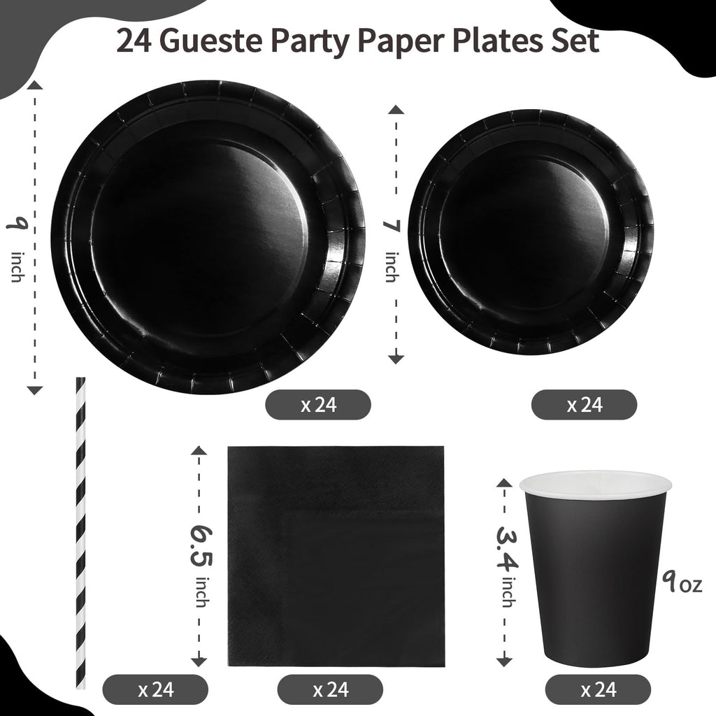 PYAILI 121 Pcs Black Party Tableware Set, Paper Plates Cups Napkins Tablecloth, Dinnerware Set for Kids Adult Birthday,Wedding,Baby Shower Party Tableware