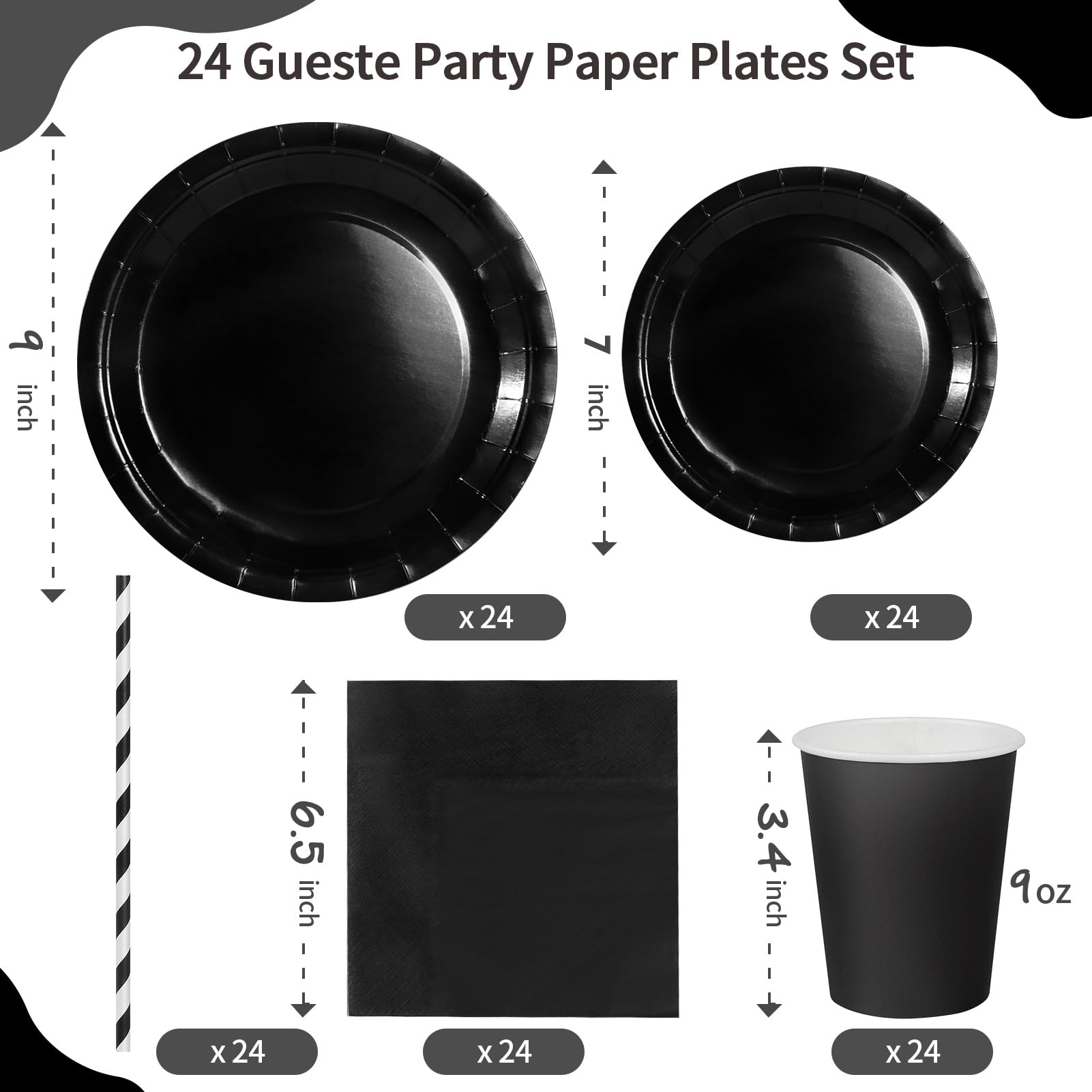 PYAILI 121 Pcs Black Party Tableware Set, Paper Plates Cups Napkins Tablecloth, Dinnerware Set for Kids Adult Birthday,Wedding,Baby Shower Party Tableware