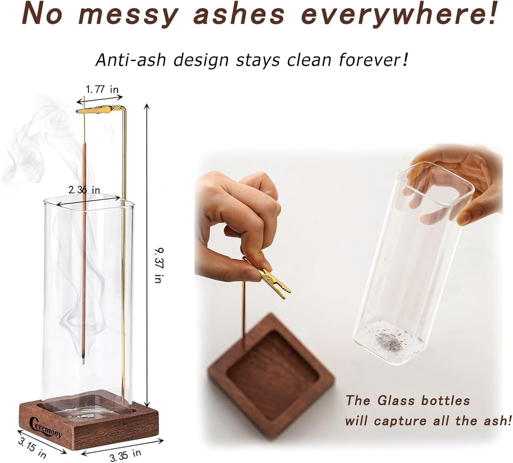 Ceremony Incense Holder, Wooden Incense Holder for Sticks with Glass Ash Catcher, Anti-ash Incense Burner with a Ash Brush for Meditation Yoga Spa Room Decor